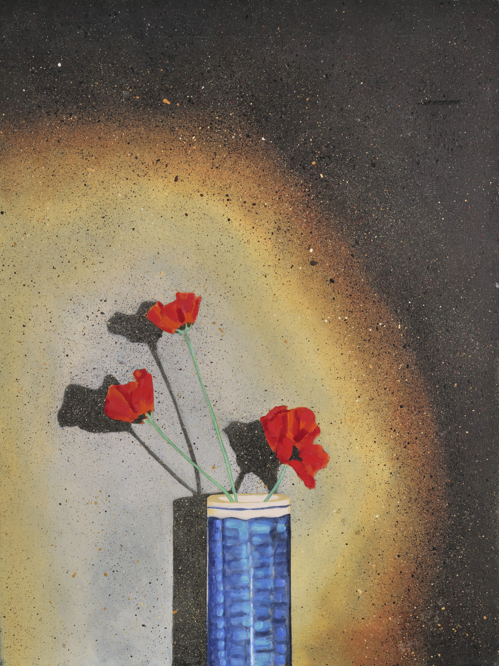 Cool blue vase with warm background and poppies